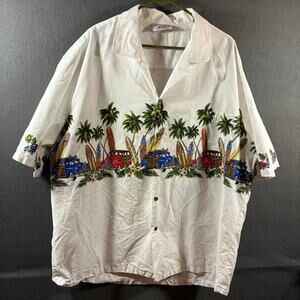 VTG pacific legend men hawaiian shirt 3x white wood cruiser car palm surf board